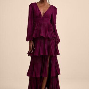 Lulus Graceful Finesse Plum Pleated Long Sleeve Maxi Dress Purple - Size S